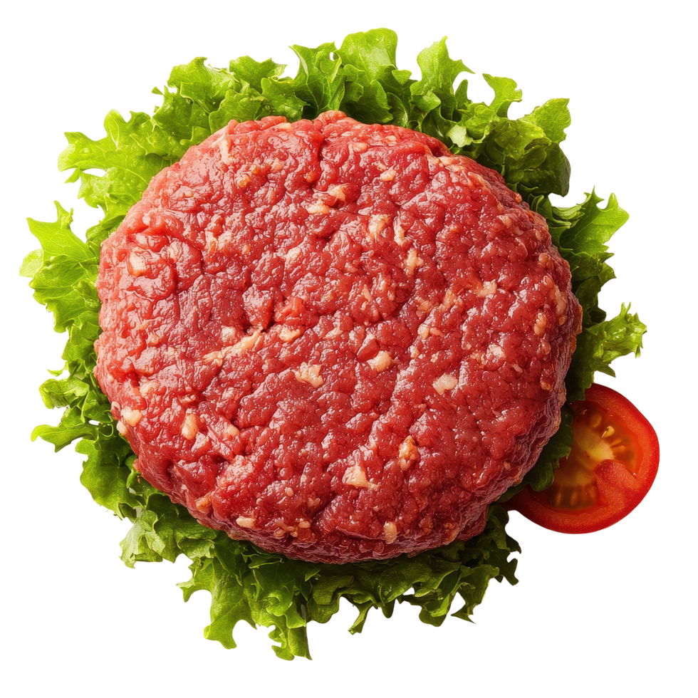 Fresh raw burger patty on a bed of crisp lettuce with a slice of tomato on a Transparent background, raw hamburger meat isolated on white, background png