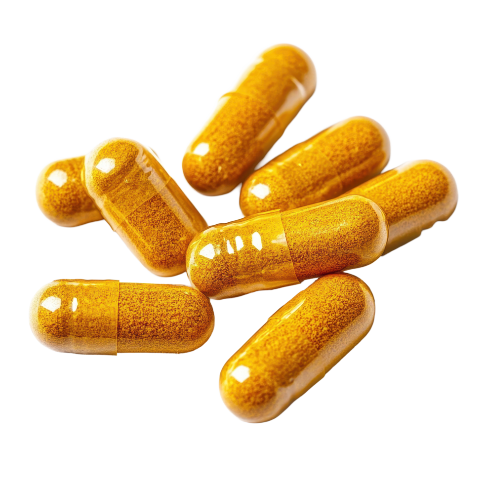 Turmeric capsules isolated on a clean Transparent background highlighting their vibrant color and natural health benefits, Turmeric Capsules Isolated on background png