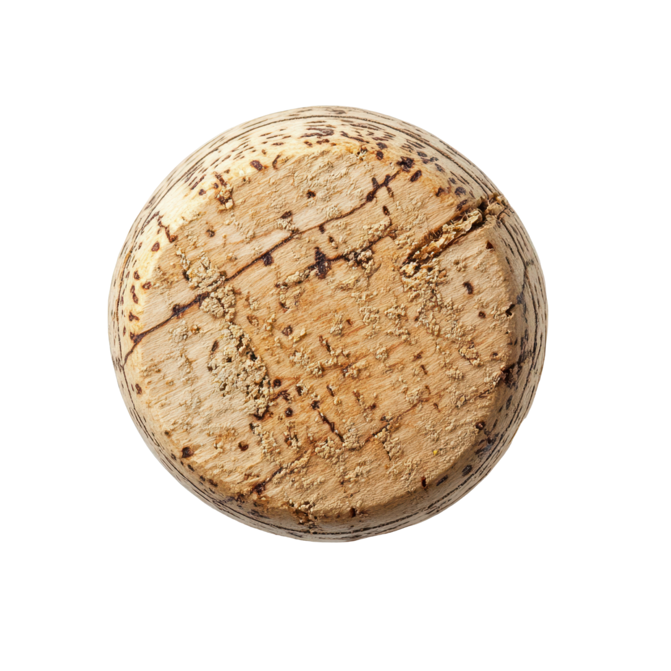 Cork from a bottle of champagne resting on a white surface with a rustic texture and natural finish, Wine or classic Champagne wooden Cork Transparent background png