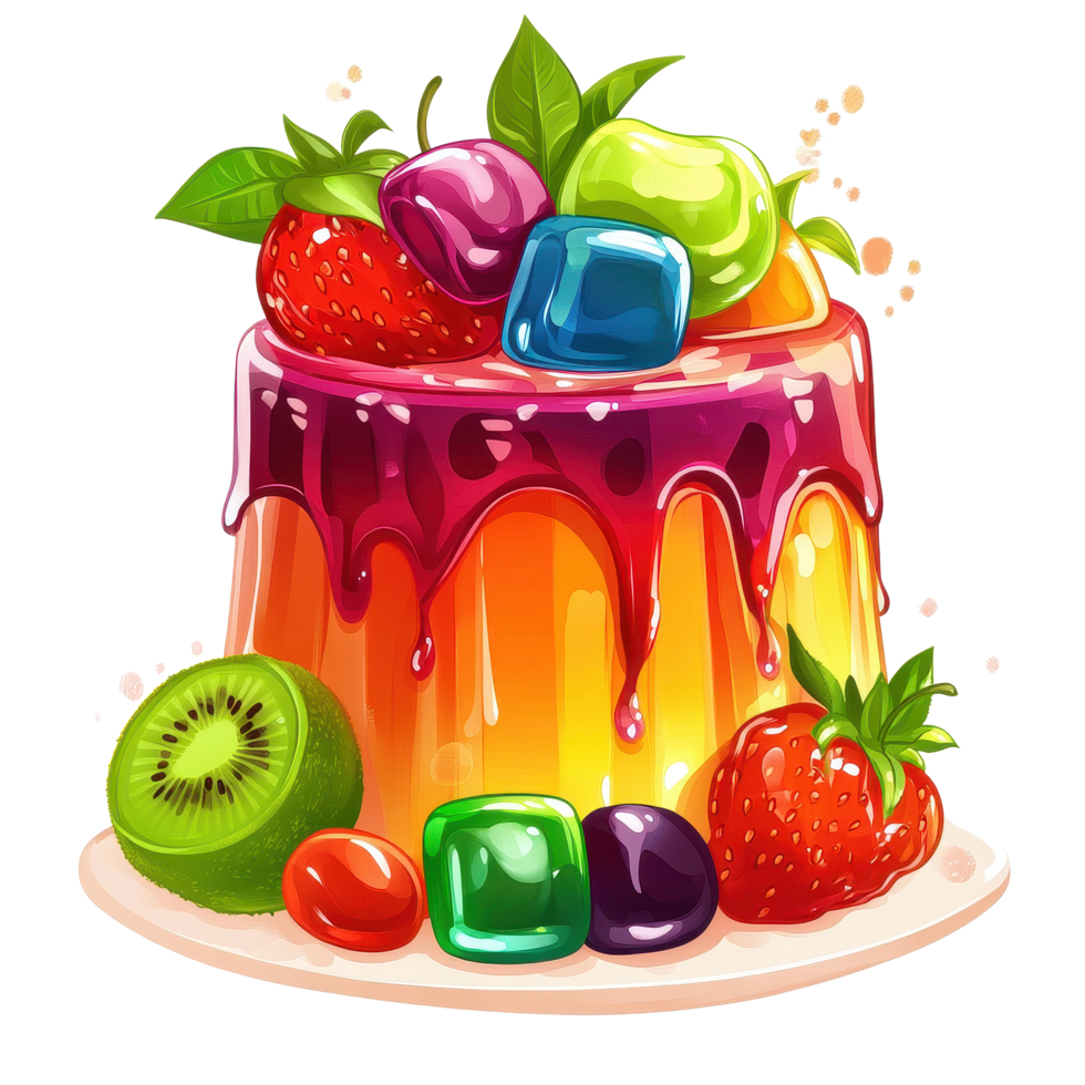 Colorful fruit jelly dessert topped with vibrant candies and fresh strawberries, Jelly sweet, flavor fruit, candy dessert colorful transparent png