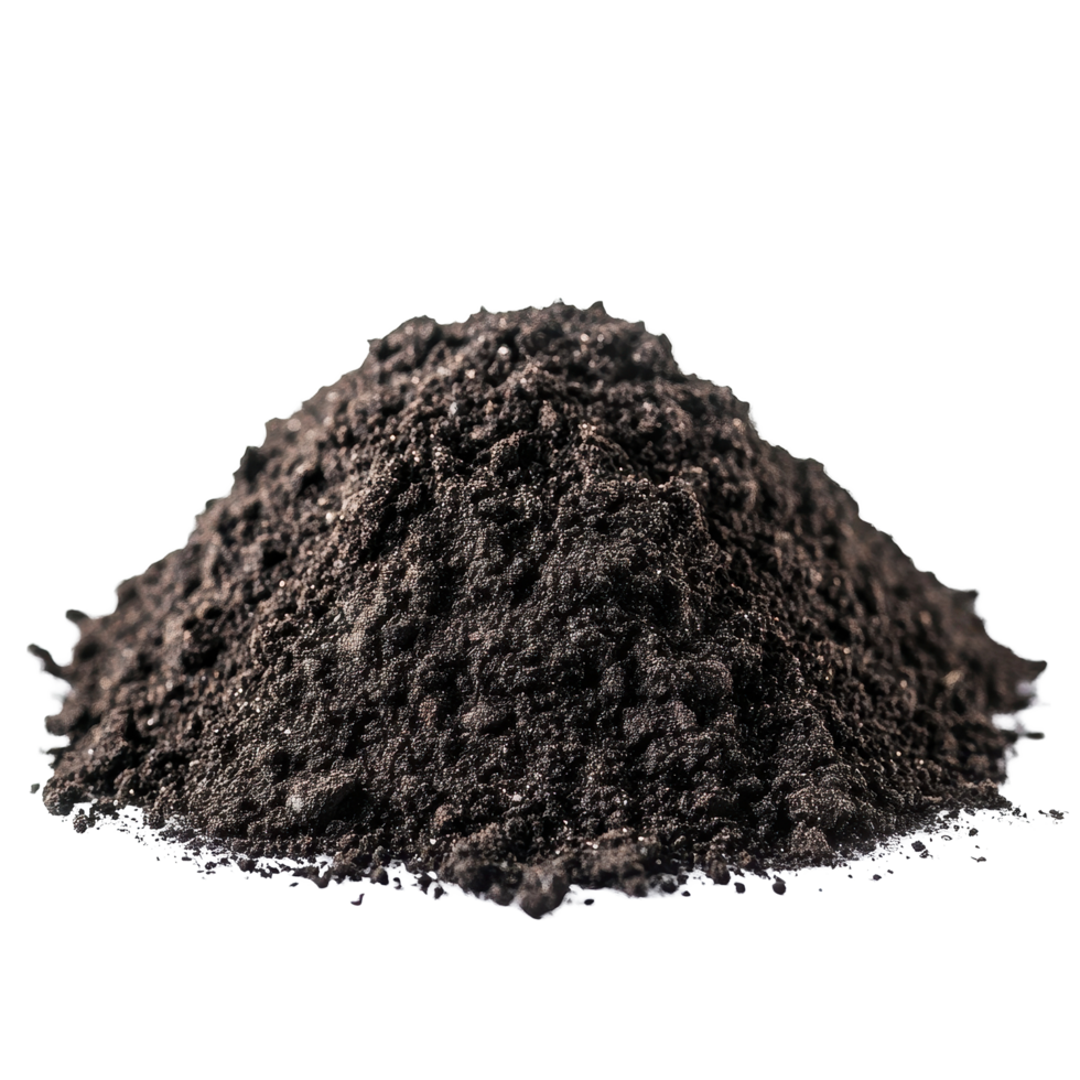 Black soil mound against a clean Transparent background showcasing fine dirt texture and color variations, Nature Black soil or dirt, background png