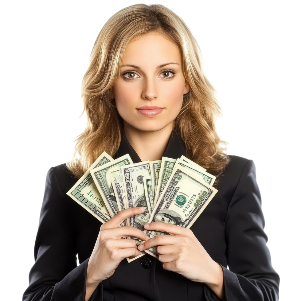 Businesswoman holds cash, showcasing financial success and confidence in a professional setting, Businesswoman with Dollars isolated on white background png