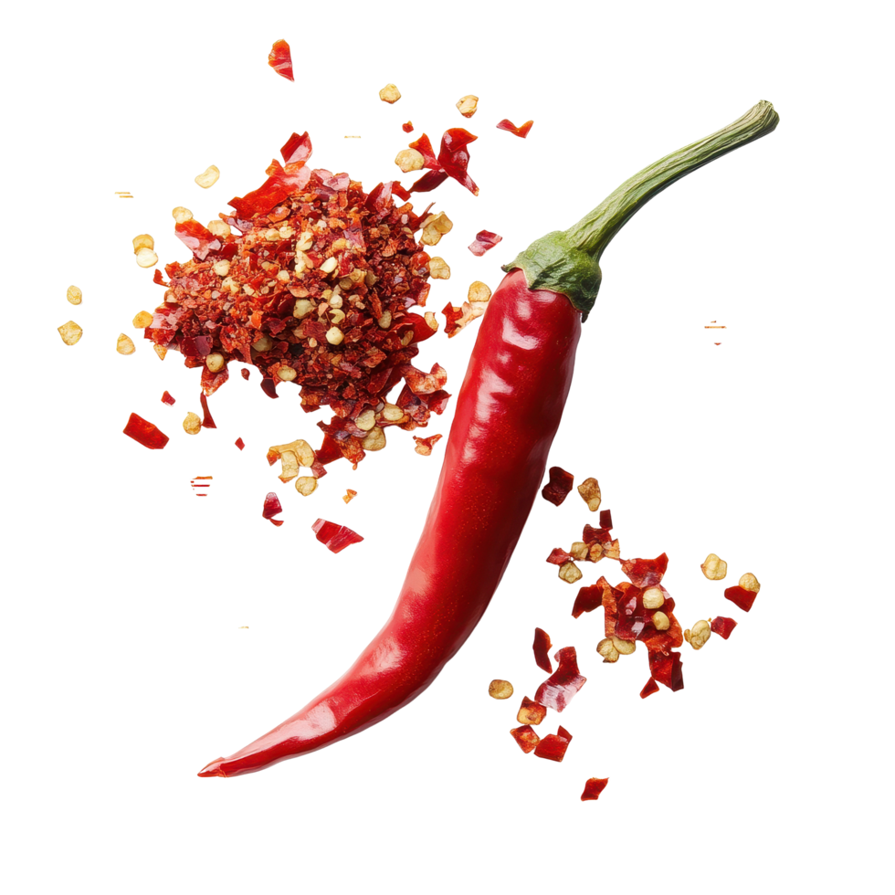 Crushed red chili pepper with flakes displayed on a clean Transparent background enhancing culinary appeal, Crushed red chili pepper isolated on background png