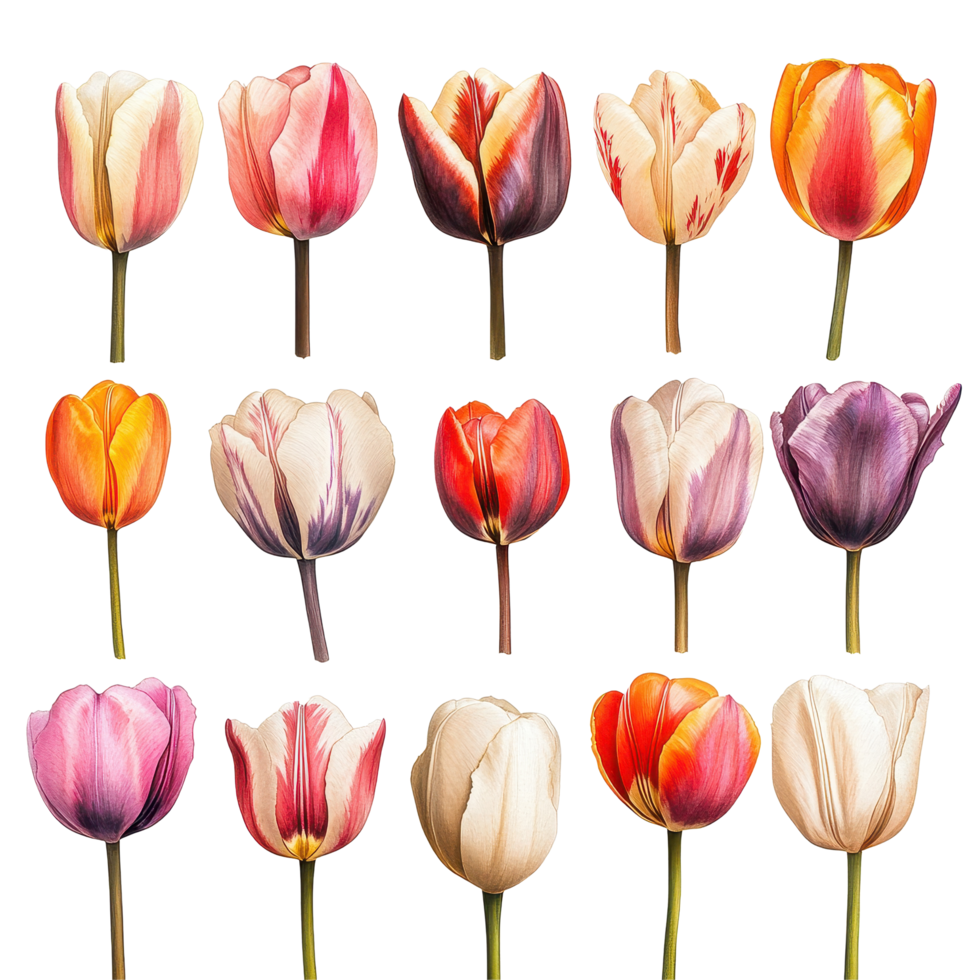 Blooming tulip heads in various colors create a vibrant floral display against a white background, blooming tulip heads, various colors, isolated on white background png