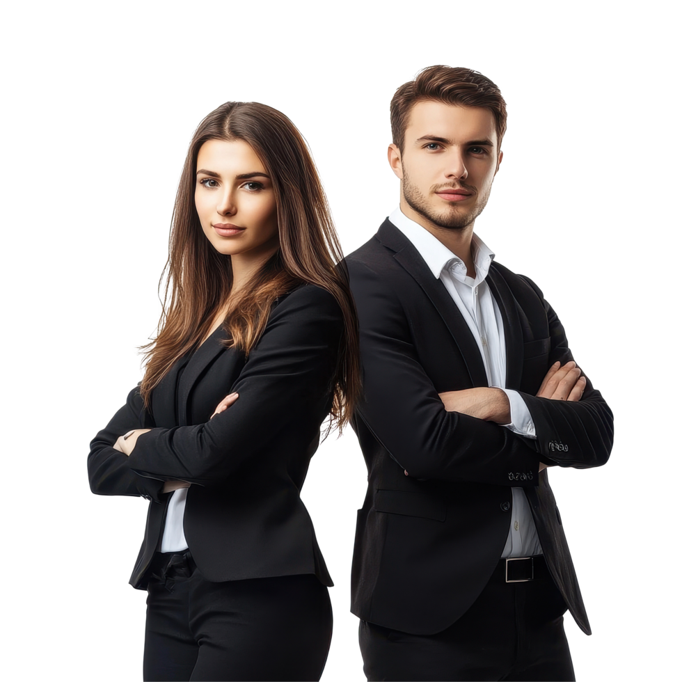 Portrait of confident young business professionals posing together with arms crossed, Portrait handsome young business people, isolated on white png