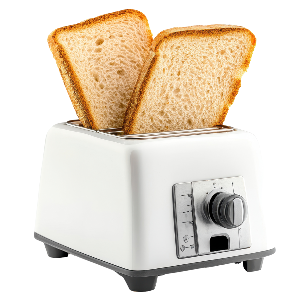 Toasting bread in a modern white toaster on a bright background, toaster and bread, Transparent background png