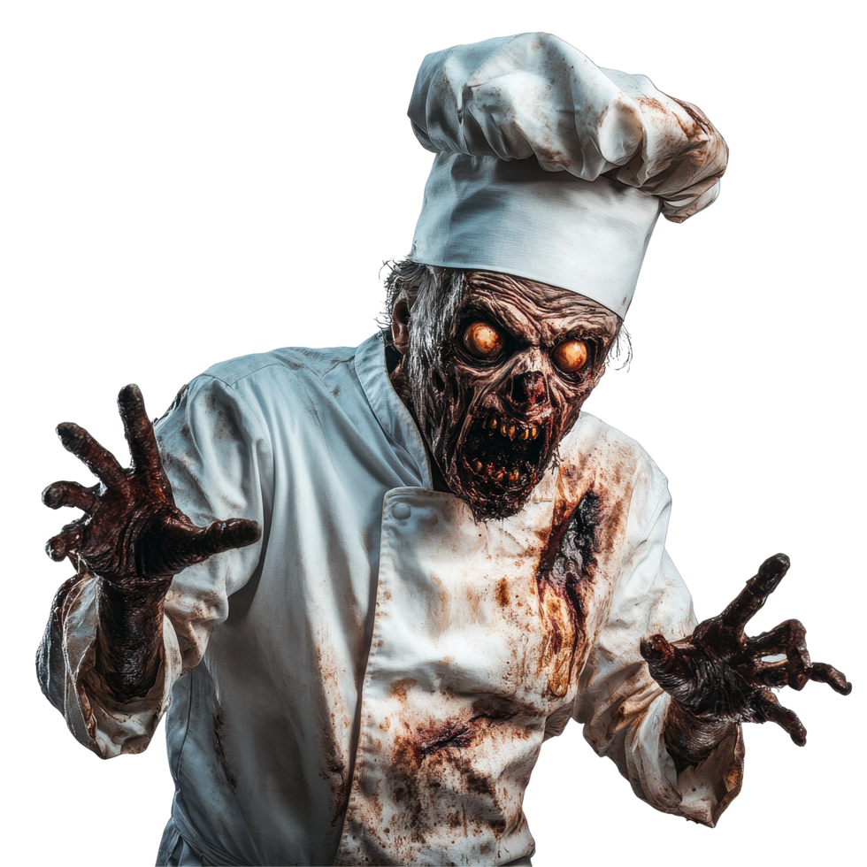 Scary zombie chef in tattered uniform with glowing eyes ready to cook in the kitchen, Scary chef cook zombie isolated on Transparent background png