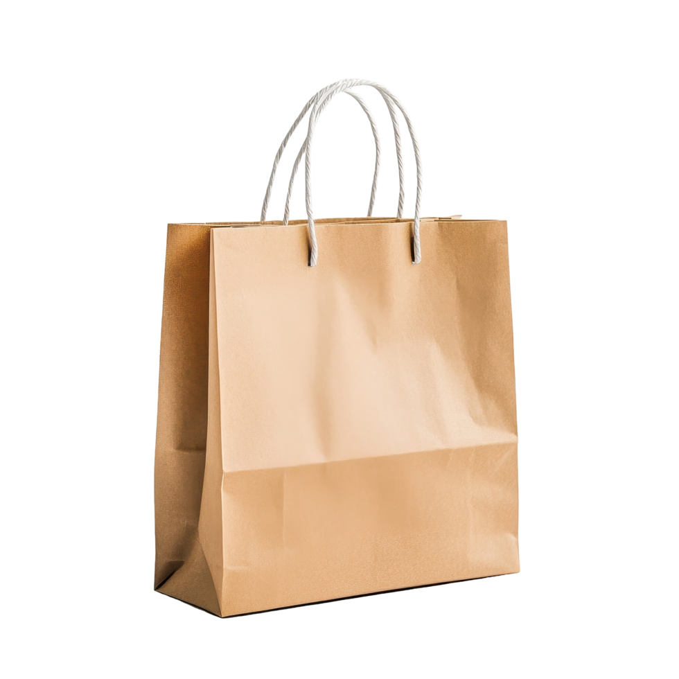 Brown paper shopping bag on white background showcasing eco friendly design and texture, Brown paper shopping bag white background with white background png