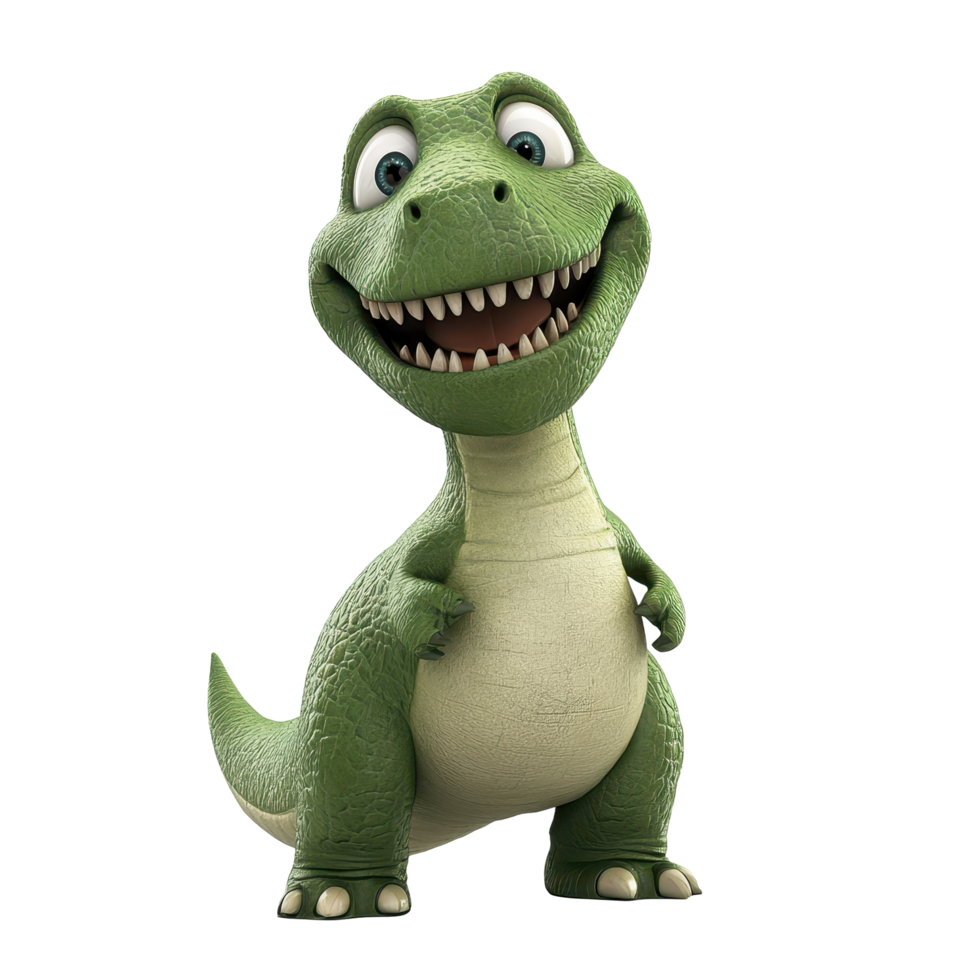 Cheerful green dinosaur standing proudly with a big smile showcasing a friendly and playful character, green dinosaur with a big smile on its face, white background png