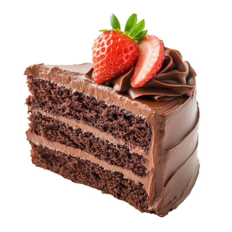 úmido chocolate bolo com rico geada e fresco morangos servido em uma limpar \ limpo transparente fundo, peça chocolate bolo com chocolate geada e uma morango, fundo png