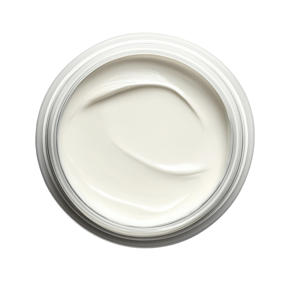 Cream in a round container viewed from above, showcasing smooth texture and clean design, Paint, cream in a round container, top view, isolated on Transparent background png