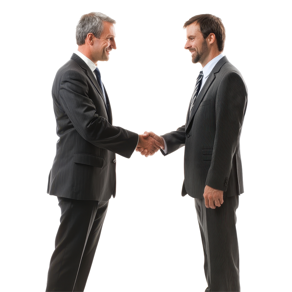 Businessmen exchanging a firm handshake in a professional setting on a Transparent background, Two businessmen shaking hands isolated on background png