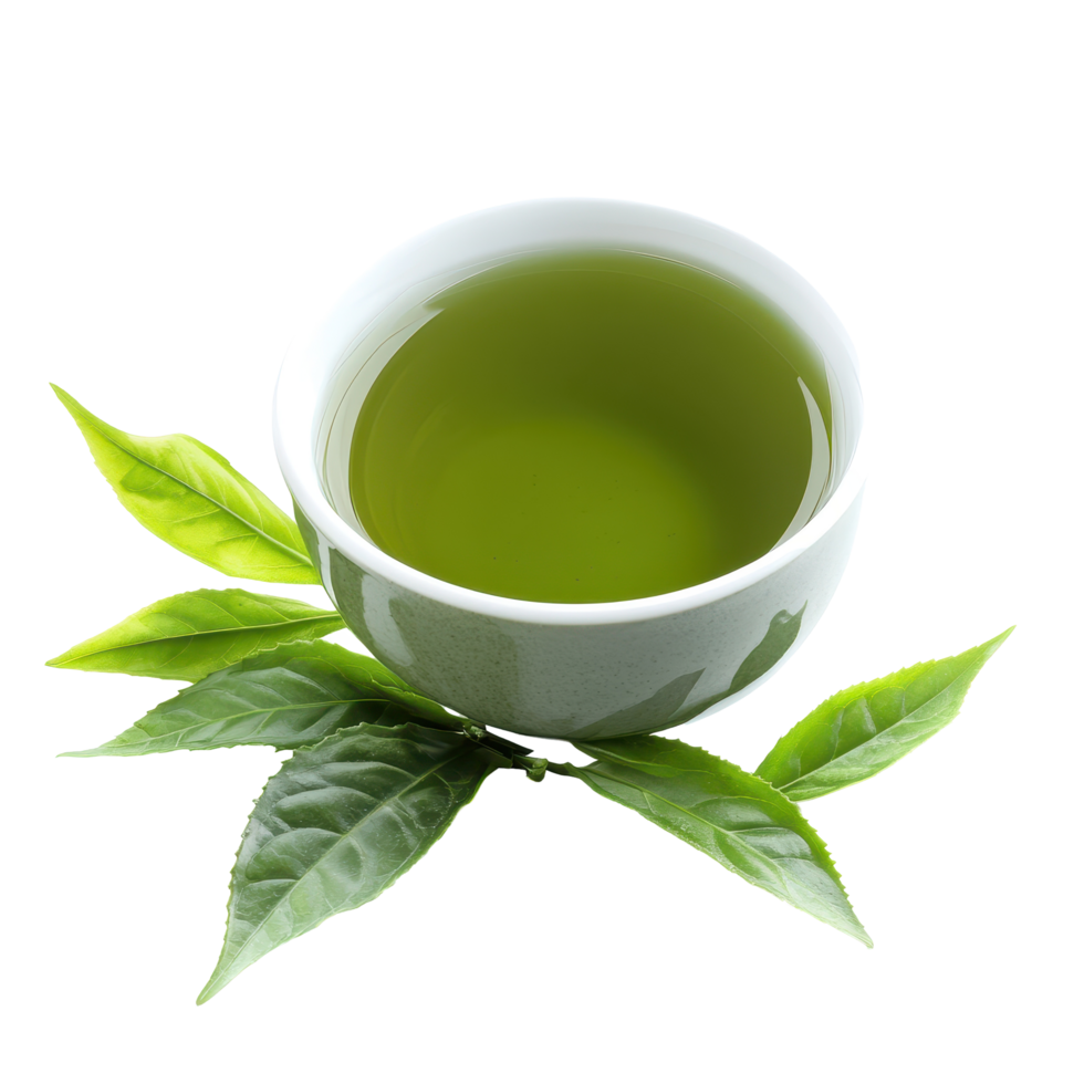 Refreshing green tea served with fresh leaves on a clean white background, green teaisolated on white background png