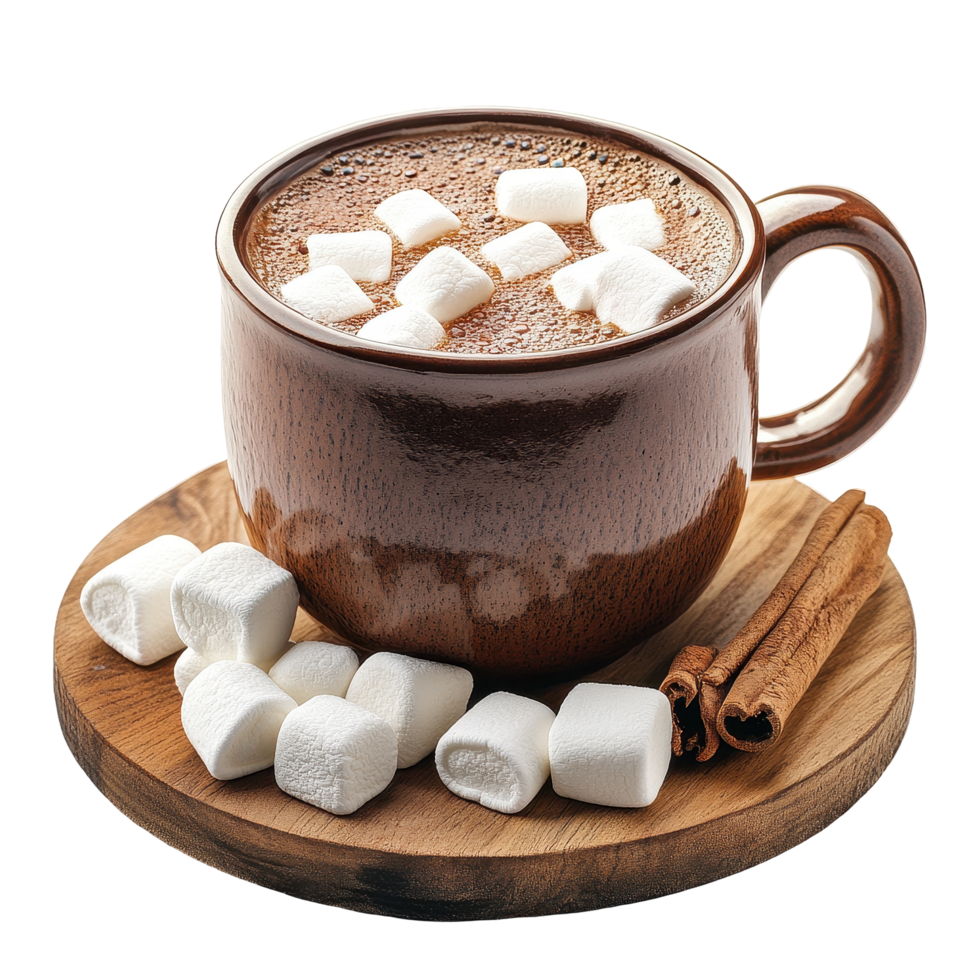 Warm cocoa mug topped with marshmallows and cinnamon sticks on a wooden plate against a Transparent background, Cocoa mug and marshmallows isolated on background png