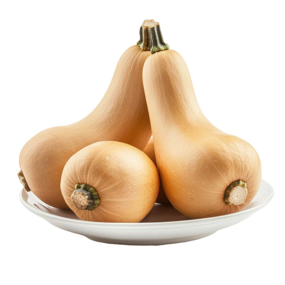 Butternut squash arranged neatly on a white plate with a clean background for a fresh look, butternut squash in a plateisolated on white background png