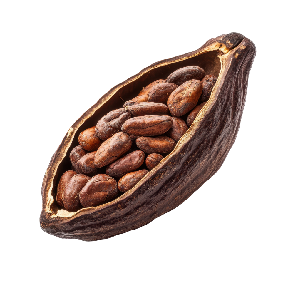 Cocoa pod with cacao beans isolated on Transparent background showcasing natural food elements and textures, Cocoa pod isolated on background png