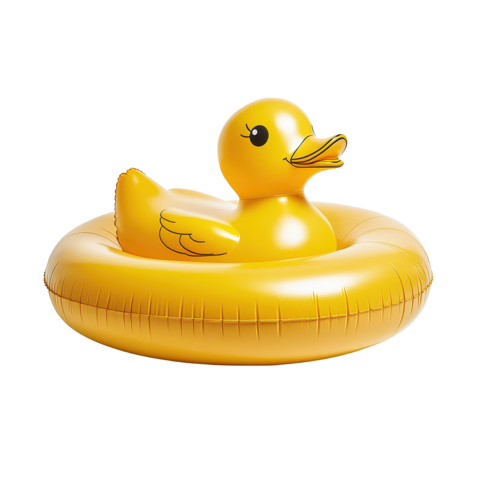 Bright yellow rubber duck pool float resting on a Transparent background for summer fun and relaxation, Yellow Rubber Duck Pool Float On background png