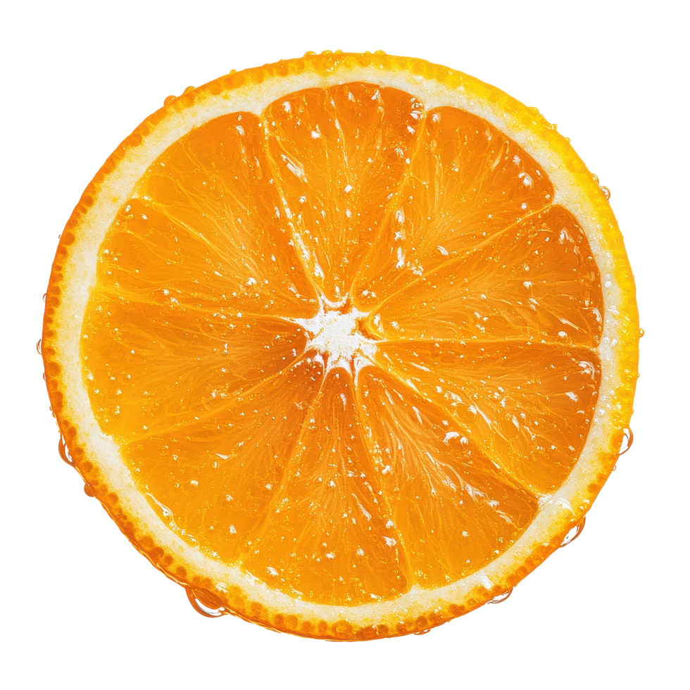 Bright orange slice with a droplet of water resting on a clean white surface, orange slice with drop of water on Transparent background png