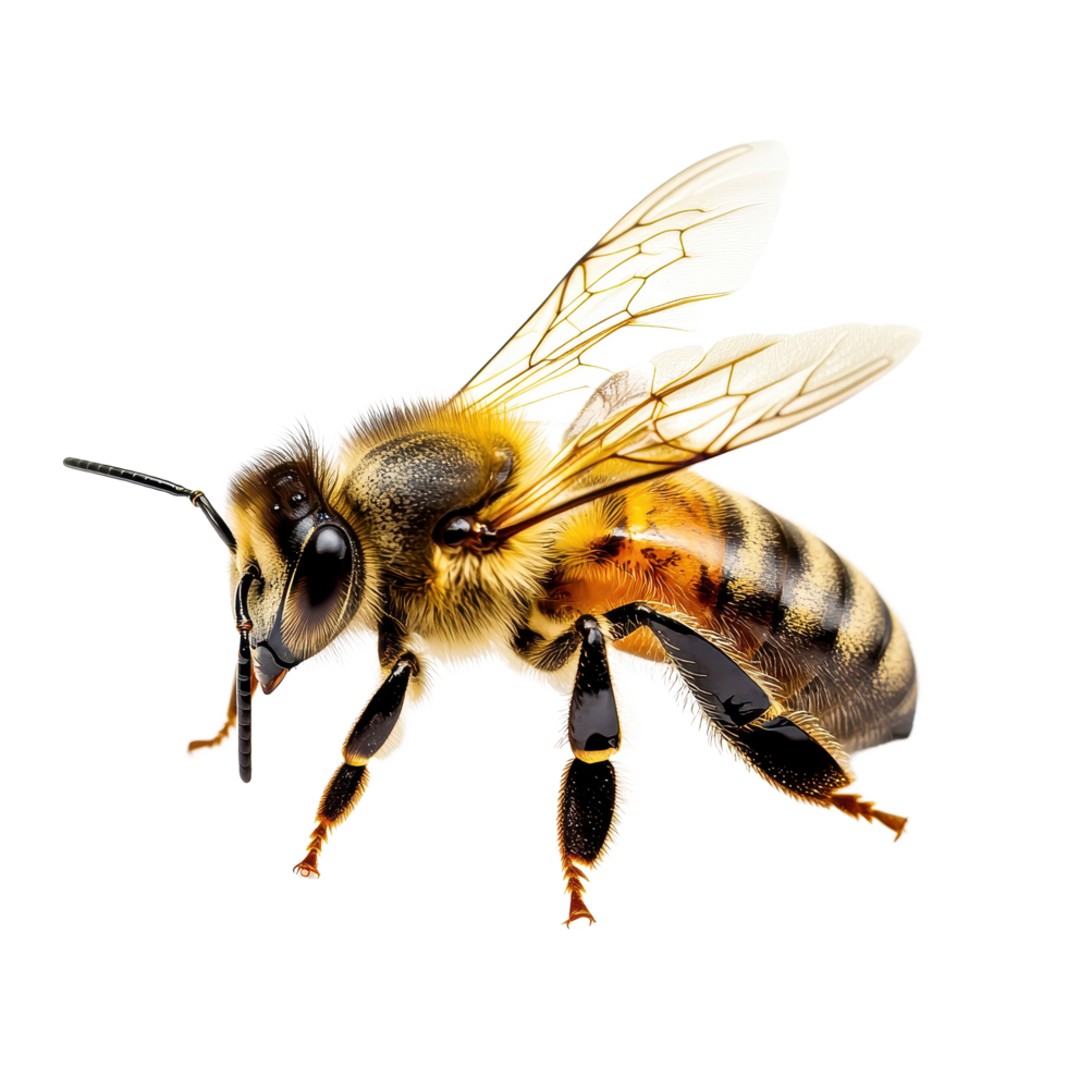 Closeup of a honey bee resting on a white background, showcasing its intricate features and anatomy, Honey bee isolated on white background png