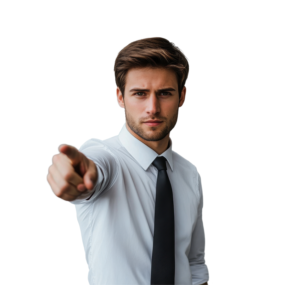 Business man in white shirt and black tie points confidently in an office setting during daylight hours, simple white business man with black tie pointing with finger png