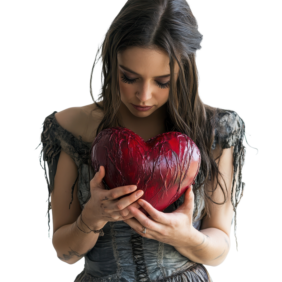 Woman embraces a red heart, expressing love and emotion in a simple setting, woman holding a heart in her arms Transparent background png