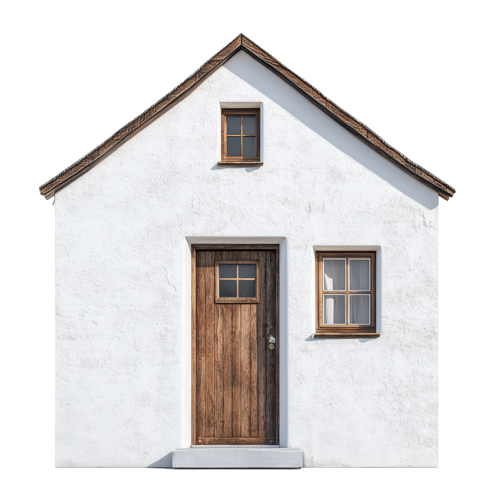 Charming white house with wooden door and window showcasing simple architectural design, white house with a wooden door and a window Transparent background png