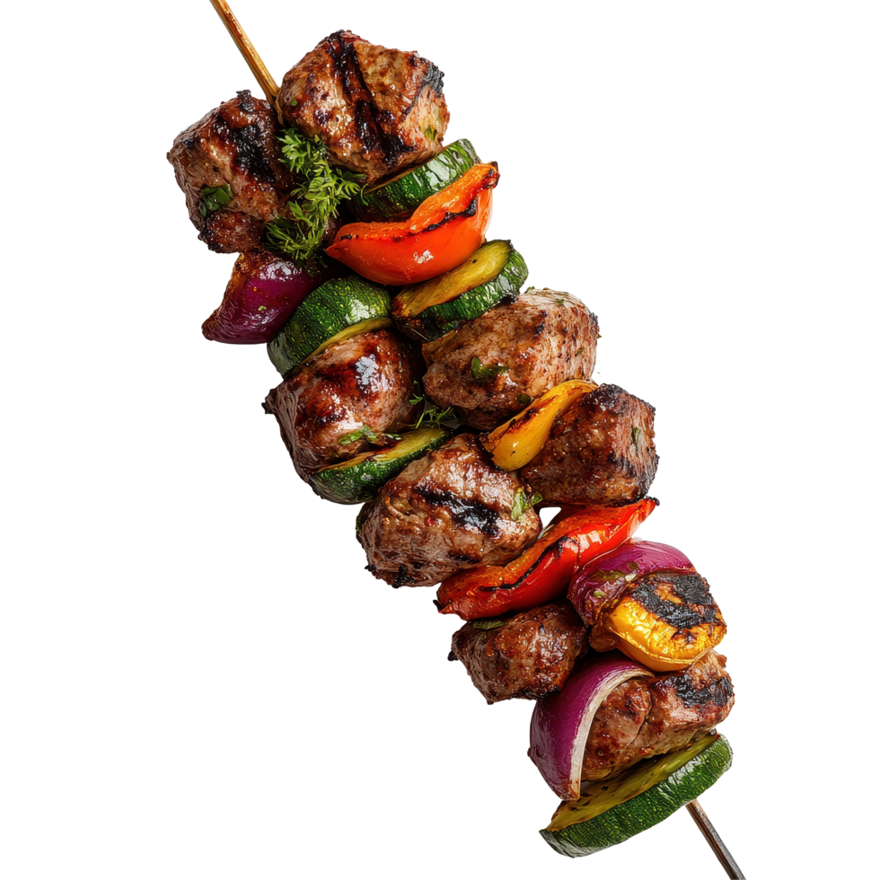 Kebab skewer with grilled vegetables and meat isolated on Transparent background perfect for a delicious summer meal, Kebab skewer with vegetables isolated on background png