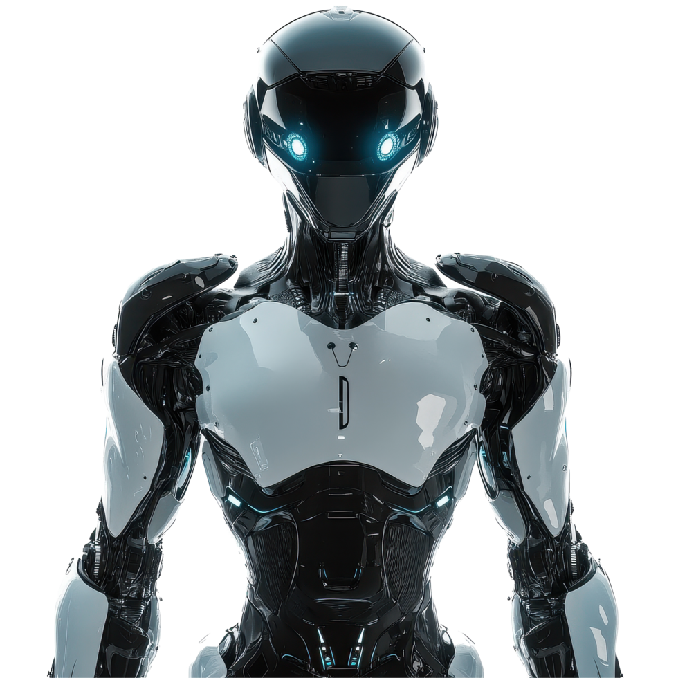 Futuristic robot with glowing eyes and arms standing in a bright, sleek environment, robot with glowing eyes and arms in a futuristic space, Transparent background png