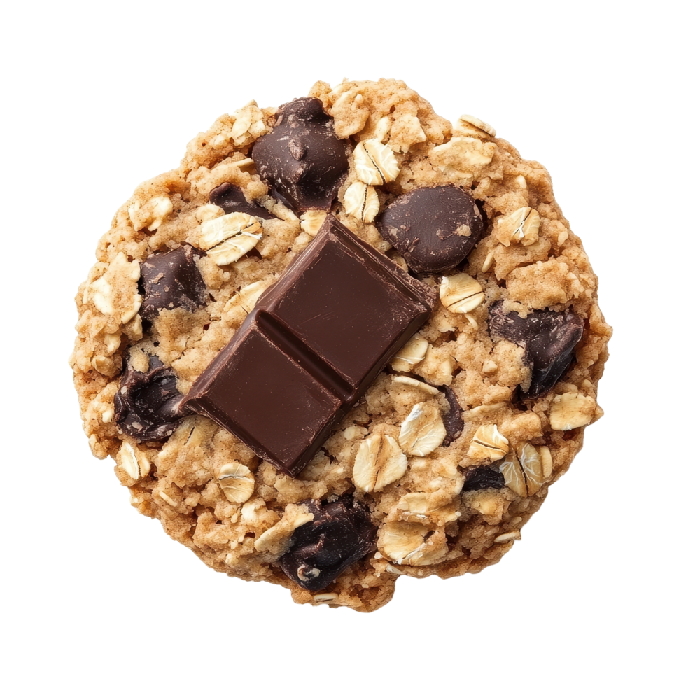Delicious oatmeal cookie with rich chocolate chunks on a clean Transparent background showcasing dessert indulgence, Oatmeal cookie with chocolate isolated on background png