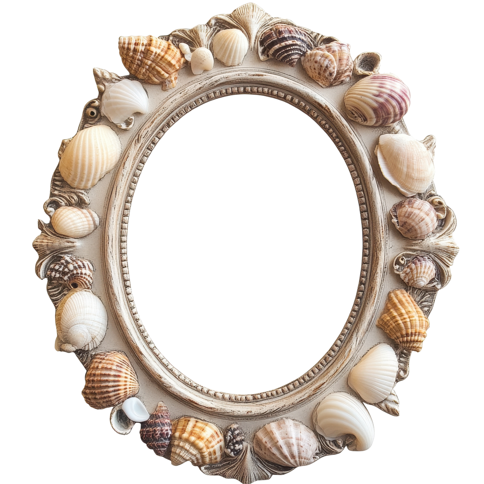 Seashell decorated oval picture frame on Transparent background showcasing coastal charm and craftsmanship, Seashell Decorated Oval Picture Frame on background png