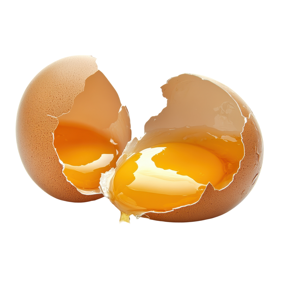 Cracked eggs on a Transparent background showcasing fresh yolks and whites, cracked eggs isolated on background png