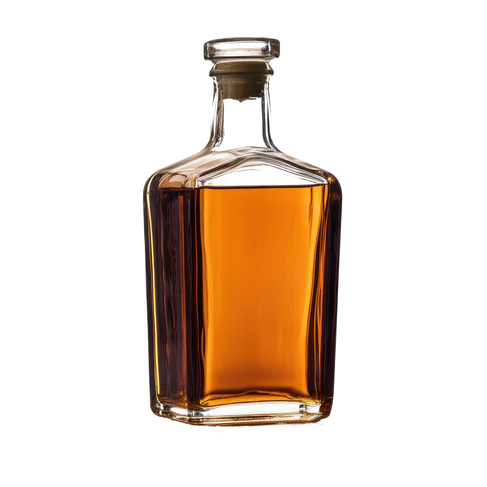 Elegant liquor bottle displayed on a white background showcasing rich amber color and smooth curves, Bottle Liquor png