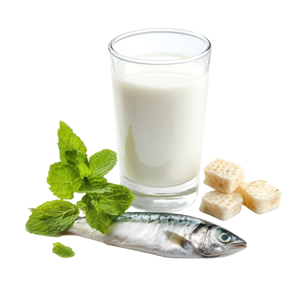 Milk, mint leaves, fish, and sugar cubes displayed on a white background for healthy eating options, glass milk mint and fish oilisolated on white background png