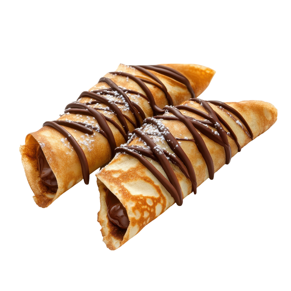 Chocolate drizzled filled crepes on a white background showcasing delicious dessert appeal, Chocolate drizzled, filled crepes isolated on white background png