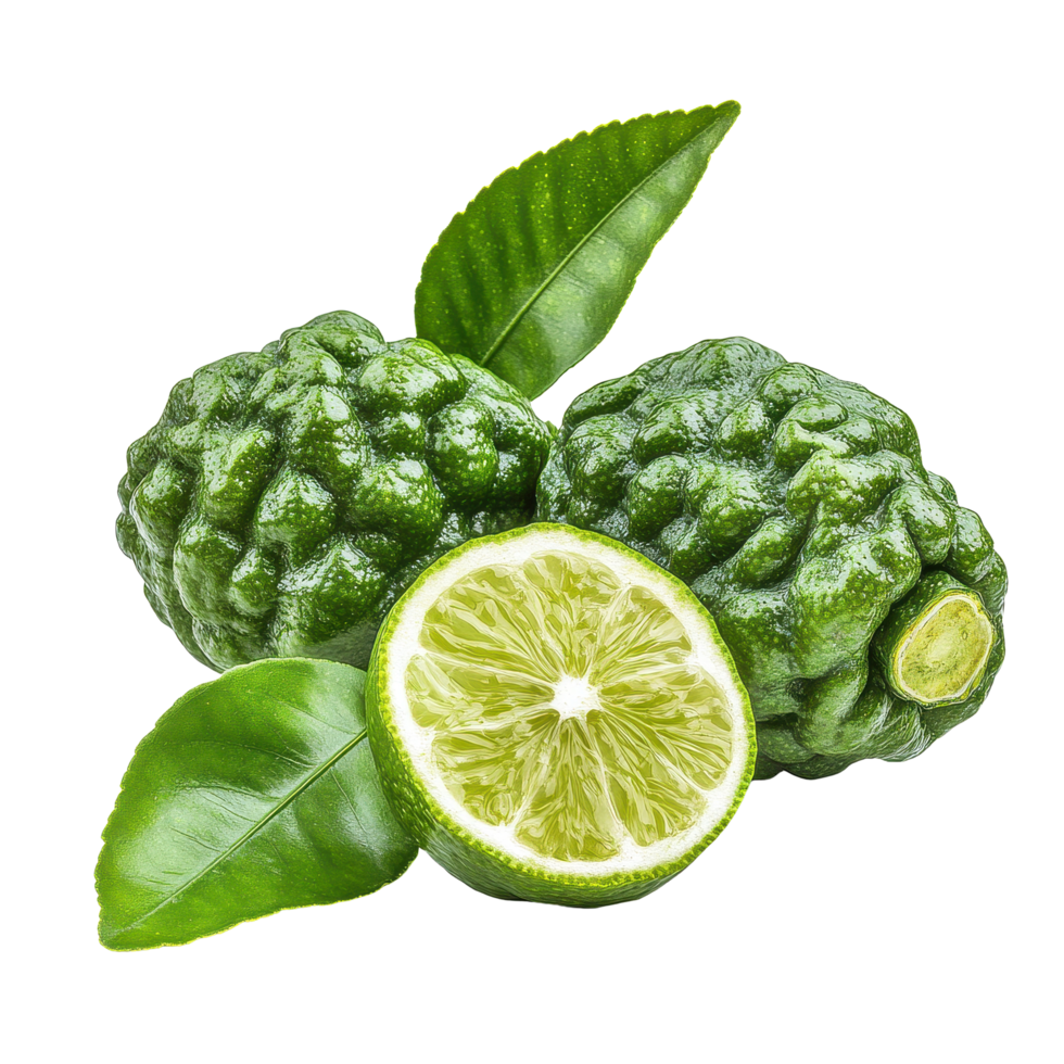 Fresh bergamot fruit with green leaves and a cut lime showcasing its bright inside, fresh bergamot or Thai lime fruit with leaf isolated on white background png