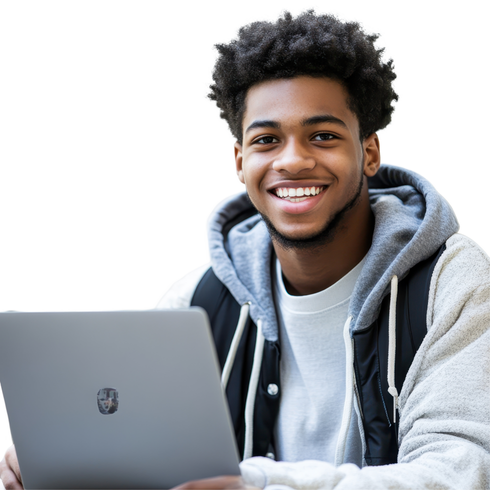 Happy young student engaged with a laptop in a bright, modern study space, happy young student with a laptop png
