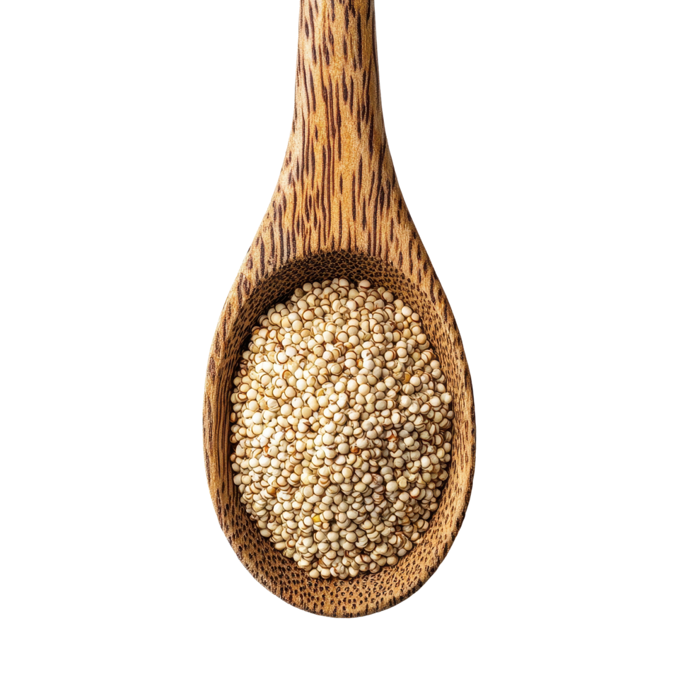 Quinoa grains in a wooden spoon on a clean Transparent background for culinary use and healthy meals, Quinoa in a wood spoon isolated on background png