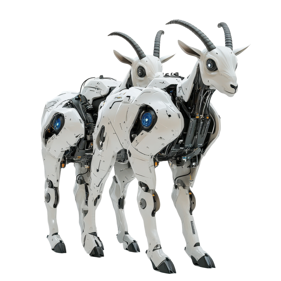 Innovative robotic goats showcase advanced biorobotics design in futuristic setting, Robotic Goats, Advanced Robotics Concept Isolated on Transparent background png