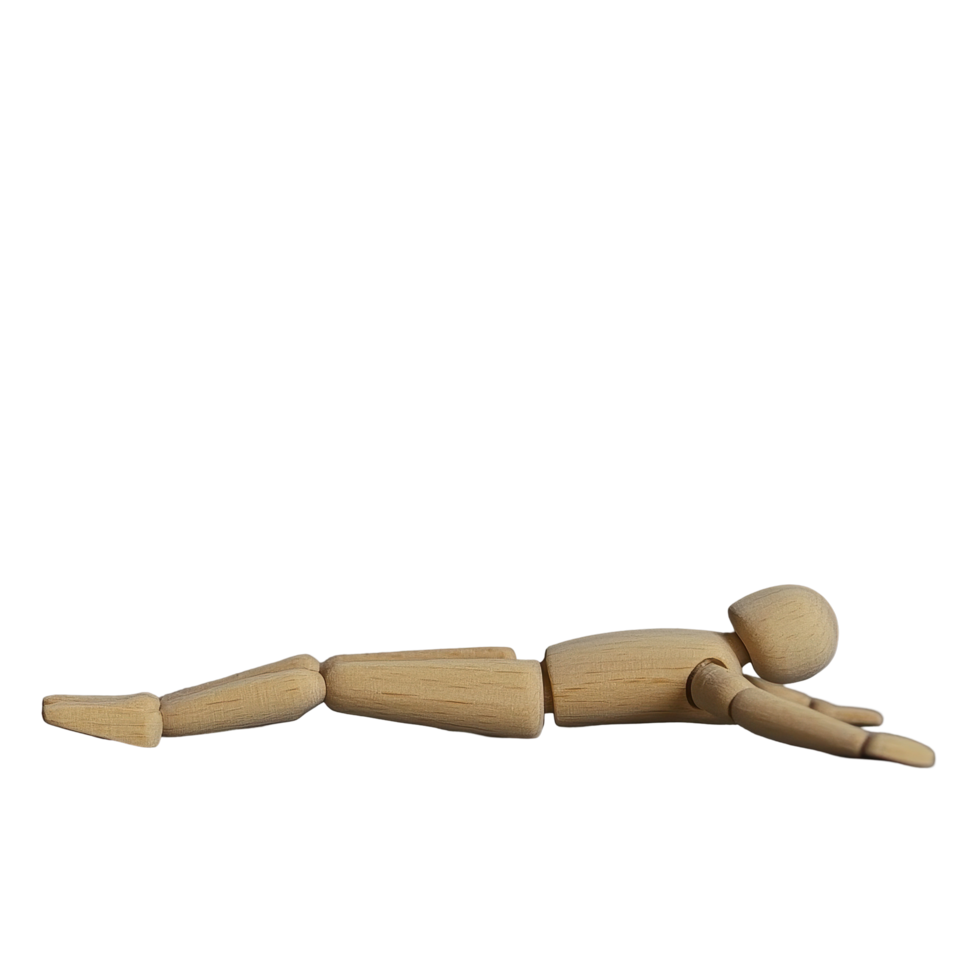 Miniature wooden mannequin lying down in a relaxed pose on a neutral background, Miniature wooden mannequin lying down png