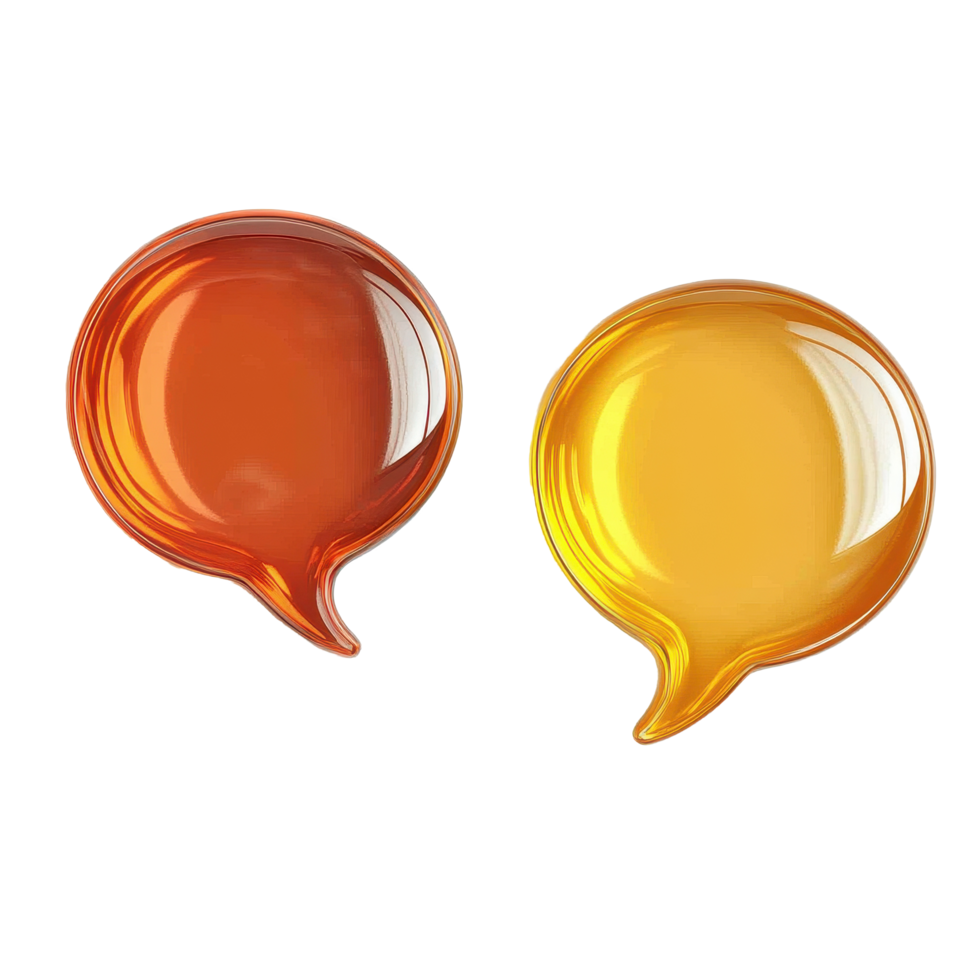 Two glossy speech bubbles in vibrant orange and yellow colors isolated on a Transparent background, two glossy speech bubble isolated on White background png