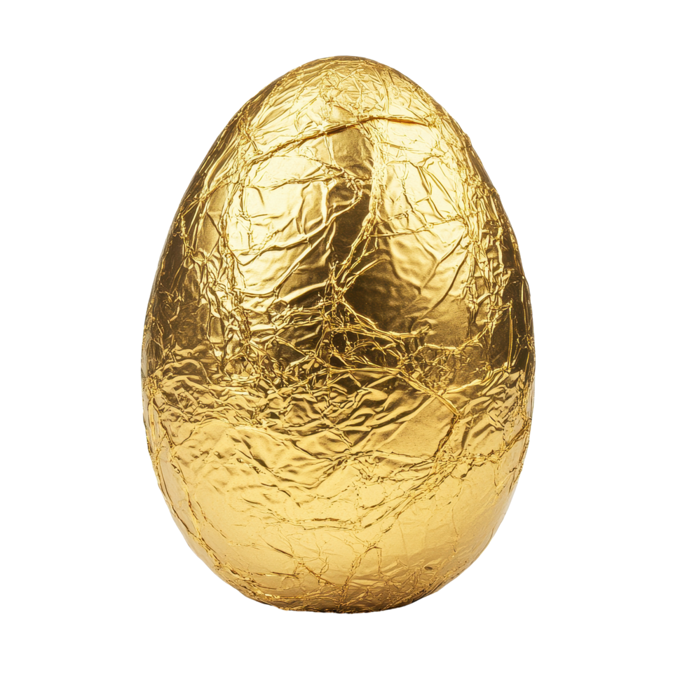 Luxurious chocolate egg wrapped in shimmering gold foil against a white background, Chocolate egg wrapped in gold foil isolated on white background png