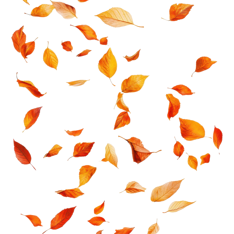 Vibrant falling leaves create a beautiful pattern on a bright white background, Falling leaves isolated on white background png