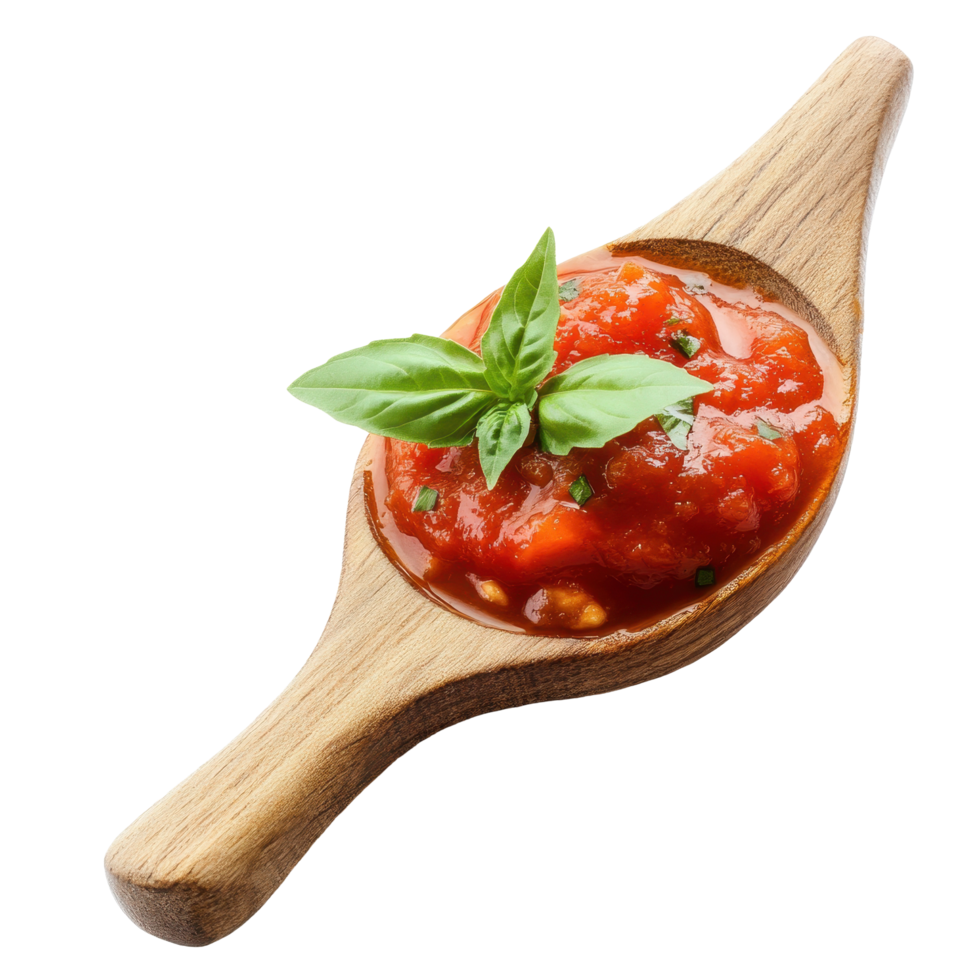 Spoon with vibrant tomato sauce garnished with fresh basil on a clean Transparent background, Wooden Spoon with Tomato Sauce on background png