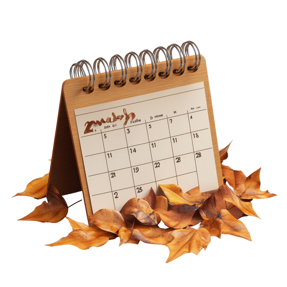 November calendar on a table surrounded by autumn leaves in a bright composition, table calendar 2025 november isolated on White background png