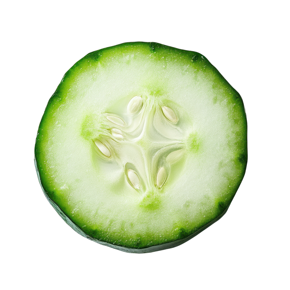 Fresh green cucumber slice isolated on Transparent background showcasing its texture and seeds, slice green cucumber isolated on background png