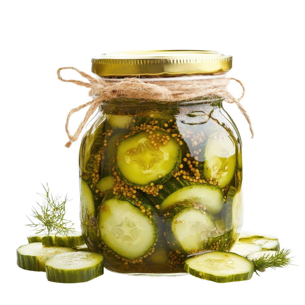 Freshly pickled cucumbers in a mason jar with slices arranged on a Transparent background, Pickled cucumber in a jar isolated on background png