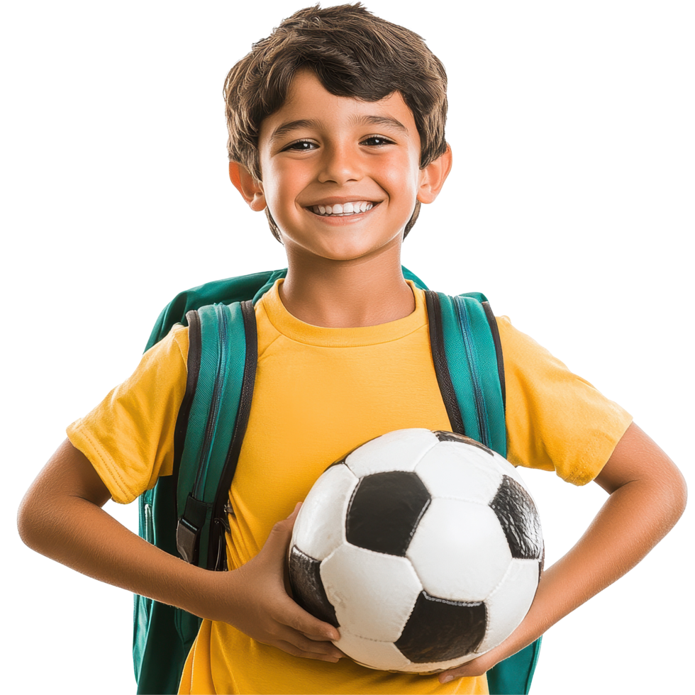 Happy child with soccer ball and backpack ready for outdoor play after school, Smiling Kid with Backpack and Soccer Ball, Transparent background png