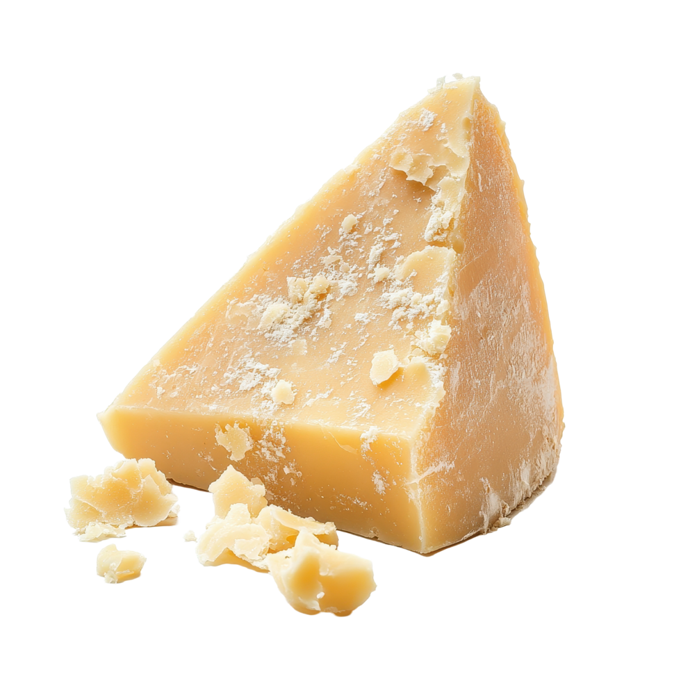 Parmesan cheese wedge isolated on a clean Transparent background showcasing its texture and color, parmesan cheese isolated on background png