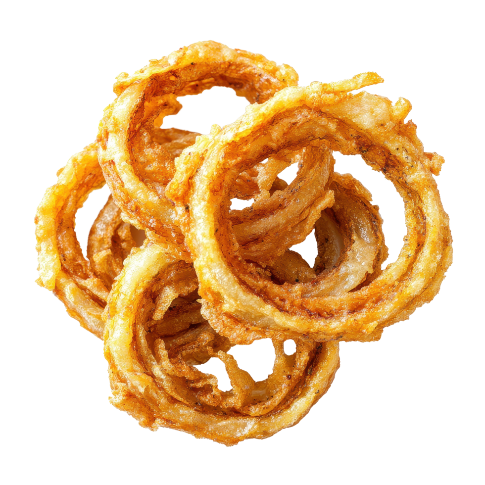 Fried onion rings stacked on a white background displaying crispy texture and golden color, Fried Onion Ringsisolated on white background png