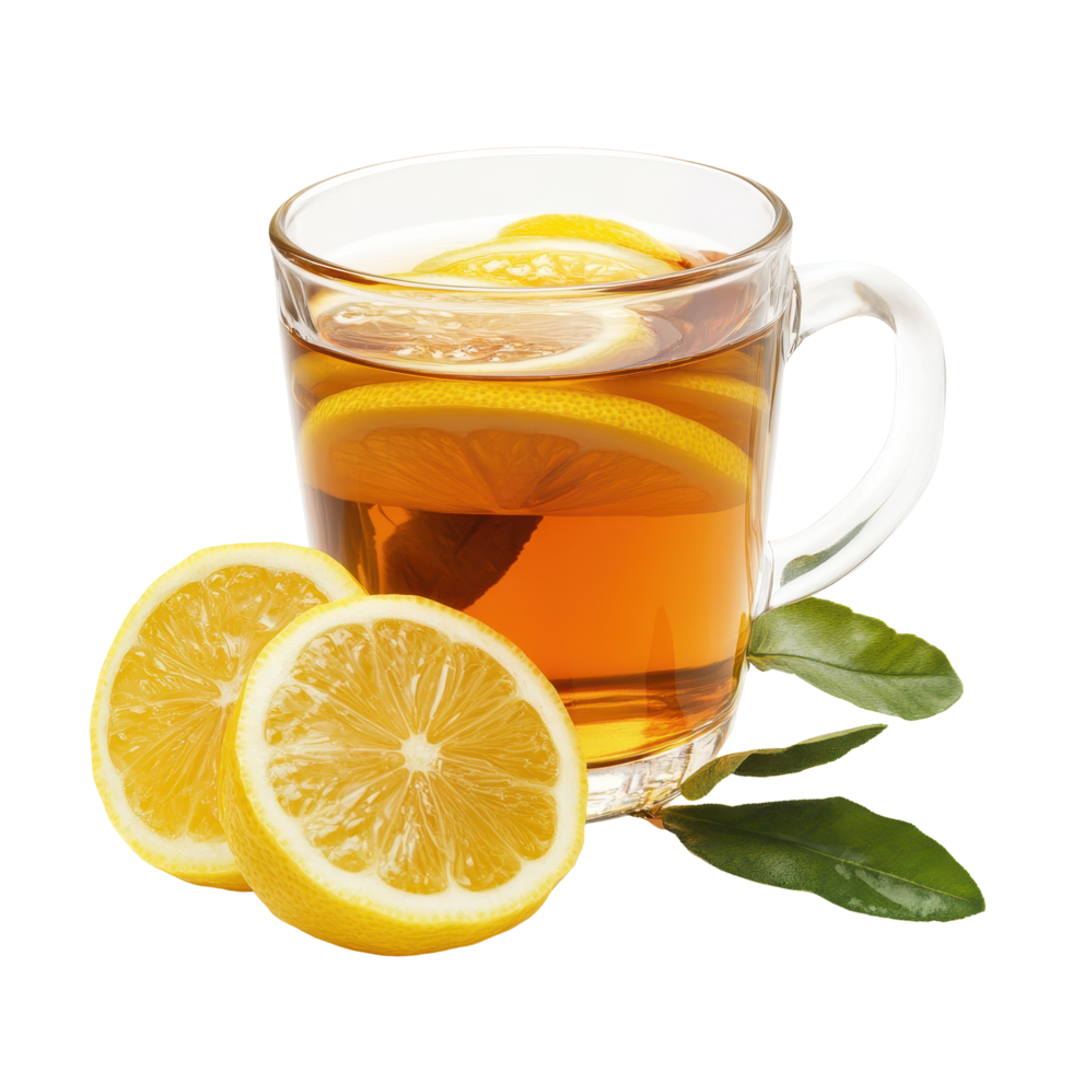 Refreshing lemon tea served in a glass with lemon slices and green leaves on a clean white background, glass of lemon tea isolated on white background png